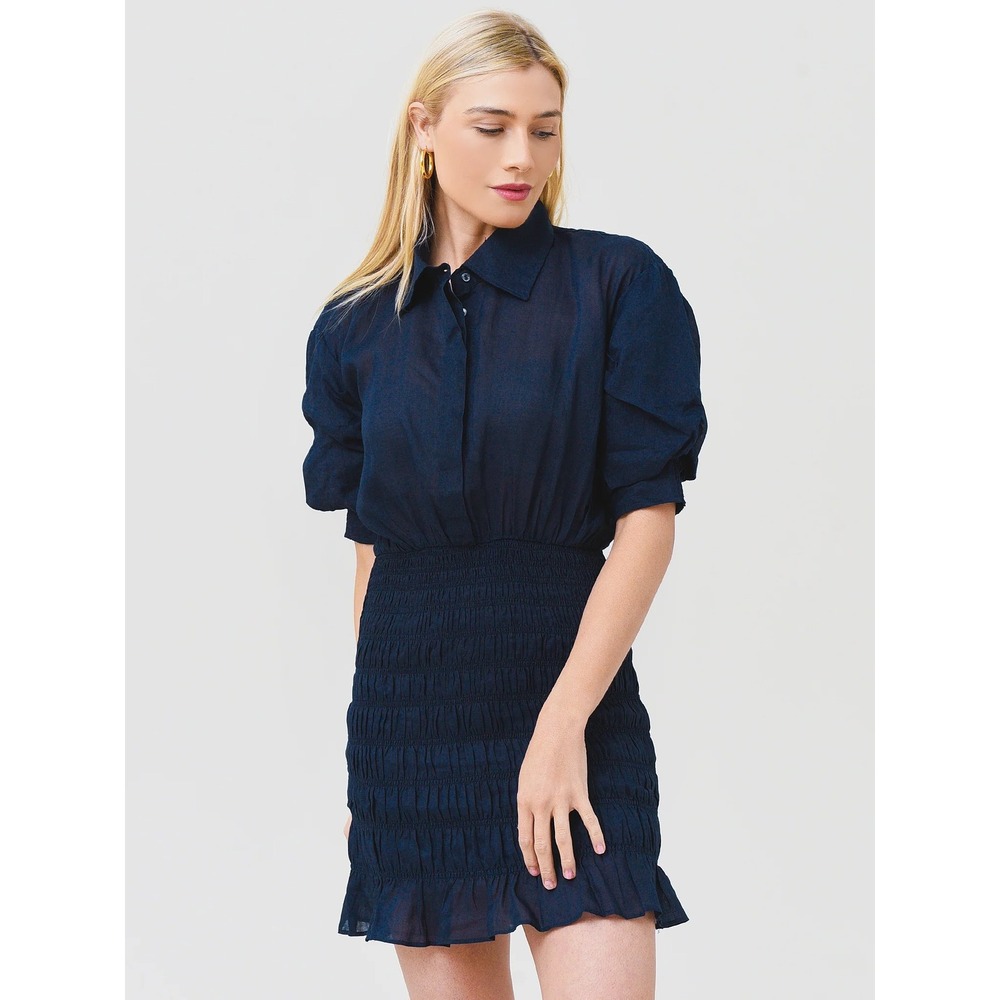 FRAME Smocked Ramie Mini Dress Navy Blue Puff Sleeve